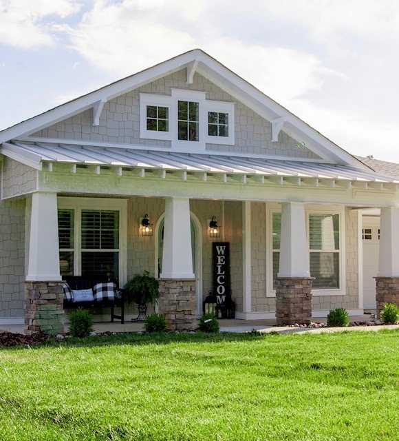 Craftsman bungalow front porch with stone columns, Central Tennessee