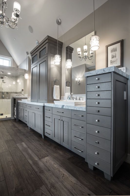 Primary bath with gray vanity cabinets, Park City, Utah